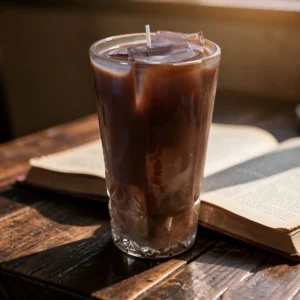 Iced Coffee Salted Caramel mit Eiswürfeln in hohem Glas auf antiken Büchern - Kaffee Kerze Duftprofil Inspiration mit warmem Licht