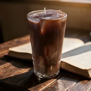 "Iced Coffee Salted Caramel mit Eiswürfeln in Glas auf rustikalem Holztisch" Standard SEO-optimiert (empfohlen): "Iced Coffee Salted Caramel in hohem Glas mit Eiswürfeln und Strohhalm auf Vintage-Büchern in gemütlicher Café-Atmosphäre